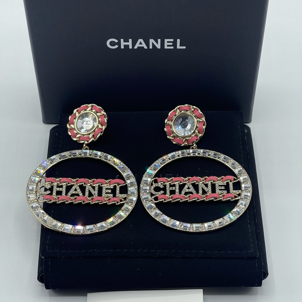 Chanel Baguette Crystal Dangle Drop Hoop Earrings - Picture 9 of 16